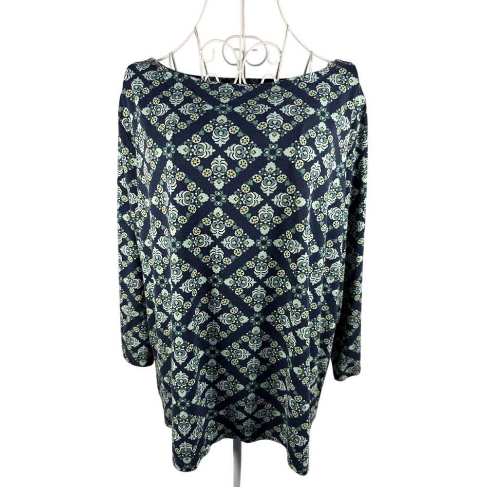 Ann Taylor Top Womens XL Navy Blue Floral Medallion Boat Neck 3/4 Sleeve Blouse